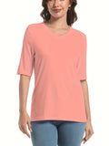 Vibrant Solid Color V-Neck T-Shirt - Soft, Breathable, Casual Half Sleeve Design for Spring & Summer - Women's Comfortable Clothing for Everyday Wear