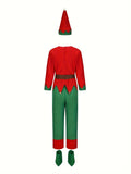 5pcs Boy's Christmas Elf Costume Set - Color Blocking Top, Pants, Hat, Belt, Shoes for Birthday, Halloween, Carnival Party, Playing, Performance