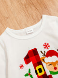 2pcs Baby Boys Christmas Elk Long Sleeve Onesie Top + Contrast Color Plaid Footed Trousers Set