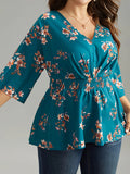 Plus Size Floral Charm - Flattering Shirred Waist Blouse with Charming Print - Stylish V Neck 3/4 Sleeve Top for Spring & Fall - Trendy Womens Plus Size Clothing