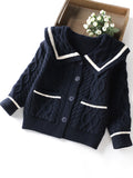 Girls Preppy Sailor Collar Short Length Knit Cardigan - Soft High Stretch Jersey Fabric, Long Sleeve, Lapel Collar, Pockets, Machine Washable, Perfect for Spring and Fall - Solid Color, Loose Fit, Regular Sleeve