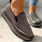 lovefery - Silver Casual Patchwork Rhinestone Round Comfortable Out Door Flats Shoes