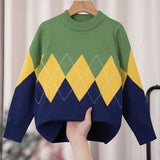 Vibrant Kid's Argyle Jacquard Sweater - Soft Preppy Cable Knit Long Sleeve Top with Colorful Clash Pattern - Perfect Boy's Fall Winter Clothing for Casual Daily Wear or Gift Idea