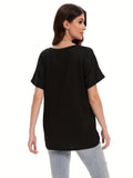 Loose Fit V-neck T-shirts For Women With Rolled Sleeves, Short Sleeves, And Split Summer Tops