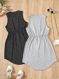 2PCS Teen Girls Fashionable Striped Sleeveless Tunic Dresses - Comfy & Breathable, Perfect for Summer Outings & Casual Wear