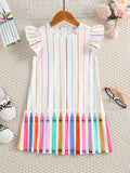 Summer Chic Girls' Crayon-Striped Dress - Knee-High Fit & Flare with Comfort Stretch, Flying Sleeves for School & Play