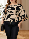 Plus Size Elegant Geometric Print Shirting Blouse - Crew Neck, Asymmetrical, Non-Stretch Polyester Fabric, Random Printing, Machine Washable - Perfect for Summer and All Seasons