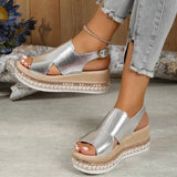 lovefery - Gold Casual Hollowed Out Patchwork Fish Mouth Out Door Wedges Shoes (Heel Height 1.97in)