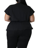 Chic Plus Size Peplum Blouse - Comfortable Casual Style with Flattering Notched Neck, Short Sleeves & Adjustable Belt for Women