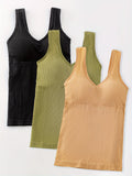 3pcs, Women's Solid Color Inner Casual Bottoming Beautiful Back Top Push-up Sleeveless Camisole With Chest Pads