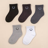 5 Pairs Of Boy's Trendy Cartoon Smile Pattern Crew Socks, Breathable Comfy Casual Style Unisex Socks For Kids Outdoor All Seasons Wearing