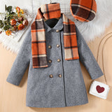 3 Pcs Girls Vintage Warm Long Jacket Woolen Overcoat & Plaid Hat And Scarf Set