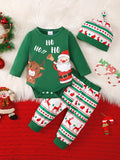 Christmas Baby Boy Romper Set Green Cute Round Neck Santa Claus Print Romper Long Sleeve Knitted Top + Elk Print Trousers Set, For Outdoor