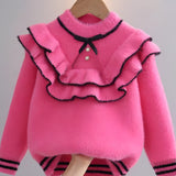 Cozy Mink Plush Girls Sweater - Soft, Thick, and Warm with Ruffle Trim, Long Sleeve, and Knit Pullover Design for Autumn and Winter - Perfect for Casual Daily Wear