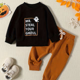 Buy 1 Get 1 Free, 2 Pcs Adorable Toddler Baby Boy Halloween Outfits - Long Sleeve Letter Print Sweatshirt and Casual Pants Set for Fall Winter - Soft, Comfortable, and Cozy Clothes for Little Ones