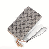 Retro Double Zipper Long Wallet With Wristlet, Heart Print Clutch Bag, Faux Leather Mobile Phone Purse