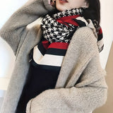 Elegant Houndstooth Scarf Stylish Thick Warm Fringe Shawl Women's Autumn Winter Windproof Inelastic Large Scarf