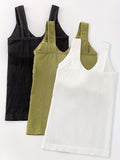 3pcs, Women's Solid Color Inner Casual Bottoming Beautiful Back Top Push-up Sleeveless Camisole With Chest Pads