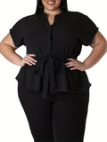 Chic Plus Size Peplum Blouse - Comfortable Casual Style with Flattering Notched Neck, Short Sleeves & Adjustable Belt for Women