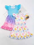 Charming Summer Dress Set for Girls - Butterfly & Tie Dye Design with Playful Flying Sleeves - Ideal for Casual and Fashionable Outdoor Wear