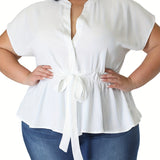 Chic Plus Size Peplum Blouse - Comfortable Casual Style with Flattering Notched Neck, Short Sleeves & Adjustable Belt for Women