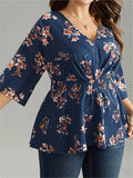 Plus Size Floral Charm - Flattering Shirred Waist Blouse with Charming Print - Stylish V Neck 3/4 Sleeve Top for Spring & Fall - Trendy Womens Plus Size Clothing