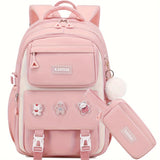 Backpack for Girls Set with Pencil Case 15.6 Inch Laptop School Bag Cute Kids Elementary College Backpacks Large Bookbags for Women Teens Students Anti Theft Travel Daypack - Pink