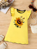 Sunflower & Butterfly Print Dress - Vibrant Sleeveless Crew Neck Ruffle Trim Cotton Dress for Summer, Perfect for Little Girls, Ideal Gift for Birthdays and Holidays, Part of Girls Casual Daily Wear Collection