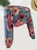 Plus Size Floral Print Crop Blouse - Charming Tie Front, Off Shoulder, Long Sleeve, Casual Style for Spring & Fall Seasons - Designed for Plus Size Women, Womens Clothing