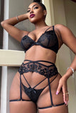 lovefery Heart Embroidered Mesh Strappy 3pcs Lingerie Set