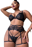 lovefery Heart Embroidered Mesh Strappy 3pcs Lingerie Set