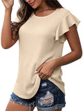 Solid Color Waffle Loose Crew Neck Ruffle Sleeve Short Sleeve T-Shirt