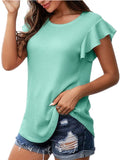 Solid Color Waffle Loose Crew Neck Ruffle Sleeve Short Sleeve T-Shirt