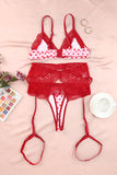 lovefery Lace Trim Heart Print Valentines Lingerie Set