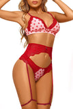 lovefery Lace Trim Heart Print Valentines Lingerie Set