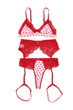 lovefery Lace Trim Heart Print Valentines Lingerie Set