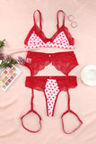 lovefery Lace Trim Heart Print Valentines Lingerie Set