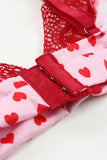 lovefery Lace Trim Heart Print Valentines Lingerie Set