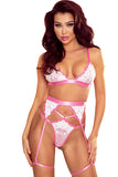 lovefery Pink 3Pcs Color Block Lace Bralette Lingerie Set