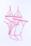 lovefery Pink 3Pcs Color Block Lace Bralette Lingerie Set