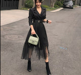 lovefery Elegant Blazer Dresses   Spring Casual Mesh Patchwork Notched Collar Long Sleeve With Belt Midi Dresses Big Swing Vestidos