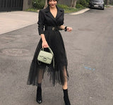 lovefery Elegant Blazer Dresses   Spring Casual Mesh Patchwork Notched Collar Long Sleeve With Belt Midi Dresses Big Swing Vestidos