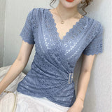 5XL Women lace tops New Arrivals Summer short sleeve v-neck women blouse shirt Sexy Hollow out lace tops plus size blusas