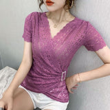 5XL Women lace tops New Arrivals Summer short sleeve v-neck women blouse shirt Sexy Hollow out lace tops plus size blusas