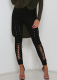 Autumn Sexy Women Lace Up Faux Suede Stretch Bodycon Pencil Pants Hollow Out Winter Female High Waist Bandage Pants