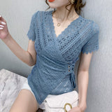 5XL Women lace tops New Arrivals Summer short sleeve v-neck women blouse shirt Sexy Hollow out lace tops plus size blusas