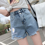 lovefery Women's denim shorts new high-waist shorts women casual loose ladies fashion large size elastic waist wide-leg short jeans