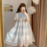 lovefery Pastel Chessboard Bunny Piece Fairycore Dress with Optional Bow