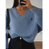 lovefery Knitted Loose Women Sweater Solid Casual V Neck Long Sleeve Pullover Sweaters  Autumn Winter Embroidery Sweater Oversize Top