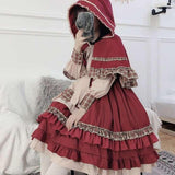 LoveFery Black Forest Adventurer Fairycore Cottagecore Dress Set with Cardigan Cloak Top